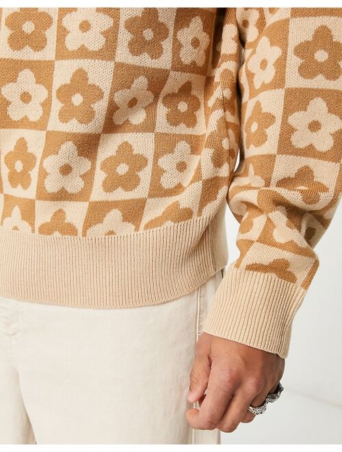 Jack & Jones oversized jacquard floral checkerboard sweater in beige