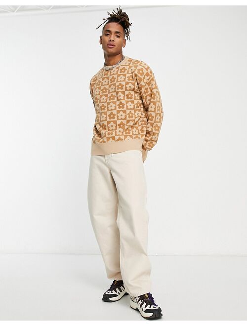 Jack & Jones oversized jacquard floral checkerboard sweater in beige