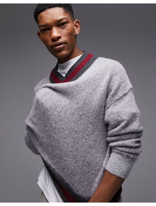 Topman V neck cricket sweater in charcoal