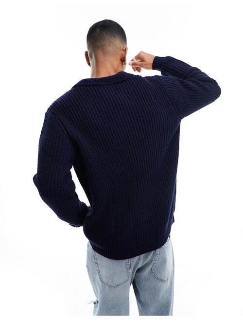 ASOS DESIGN heavyweight wool mix ribbed 1/4 zip sweater in navy