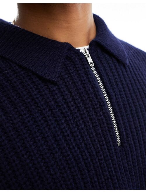 ASOS DESIGN heavyweight wool mix ribbed 1/4 zip sweater in navy