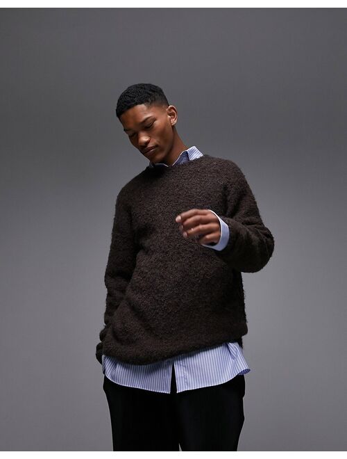 Topman boucle crew sweater in brown