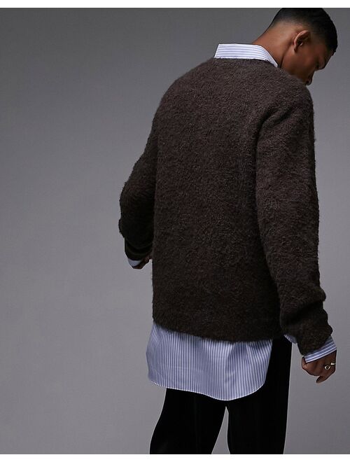 Topman boucle crew sweater in brown