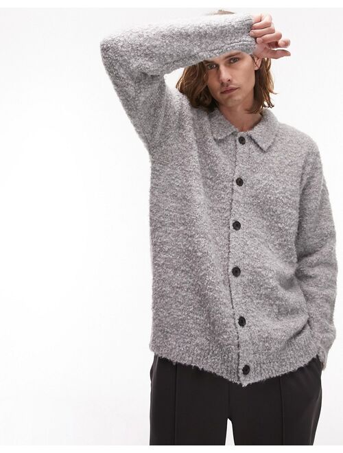 Topman boucle button up knitwear in gray