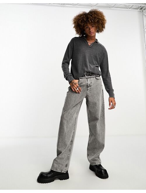 COLLUSION distressed knitted polo sweater in washed gray