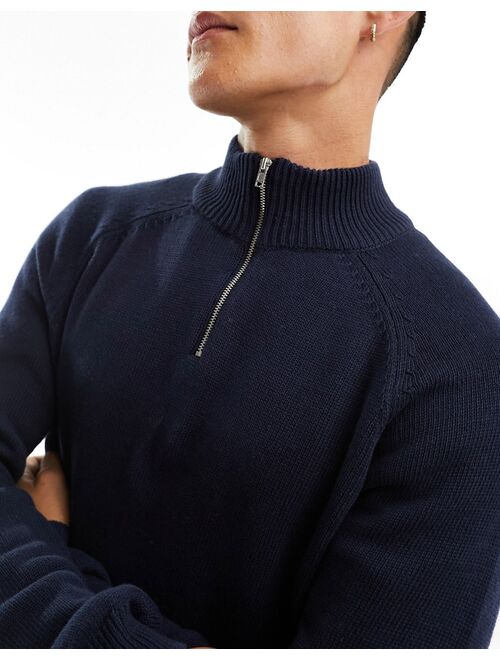 ASOS DESIGN midweight knit cotton 1/4 zip sweater in navy