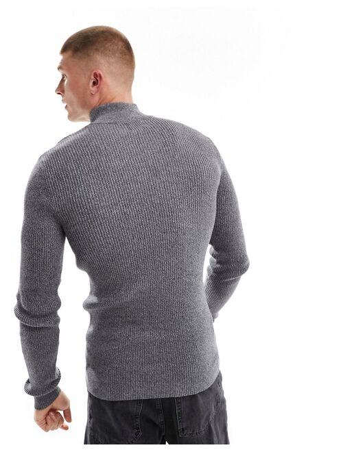 ASOS DESIGN muscle fit knitted essential 1/4 zip sweater in gray twist