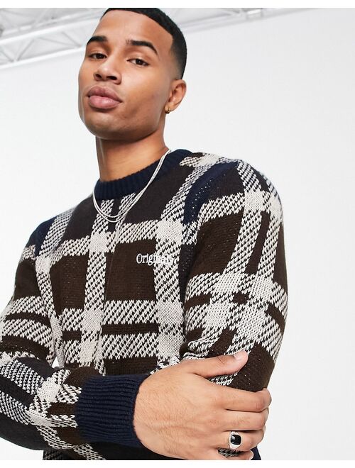 Jack & Jones Originals oversized check sweater in navy & brown