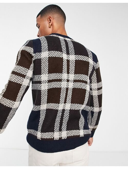 Jack & Jones Originals oversized check sweater in navy & brown