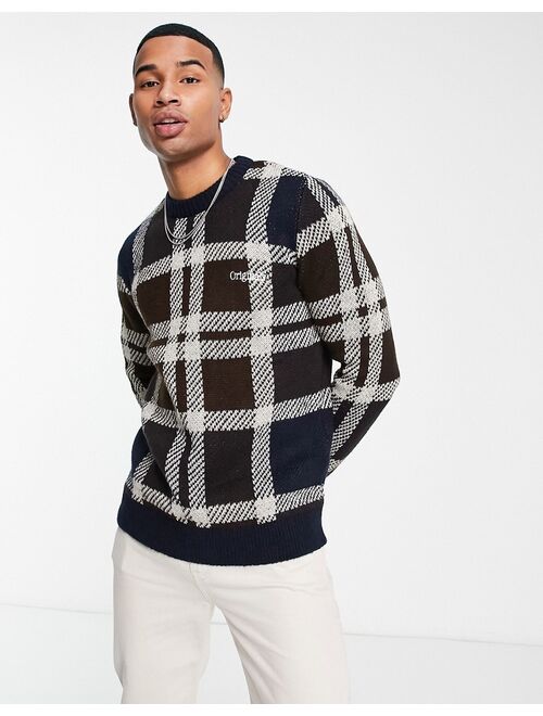 Jack & Jones Originals oversized check sweater in navy & brown