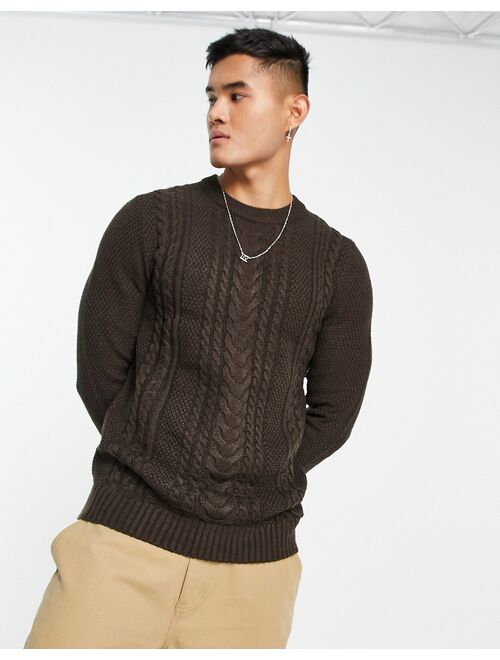 Jack & Jones Originals chunky cable knit sweater in chocolate