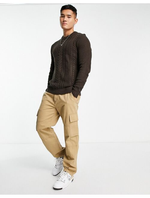 Jack & Jones Originals chunky cable knit sweater in chocolate