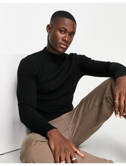 ASOS DESIGN muscle knit essential ribbed turtle neck sweater in black