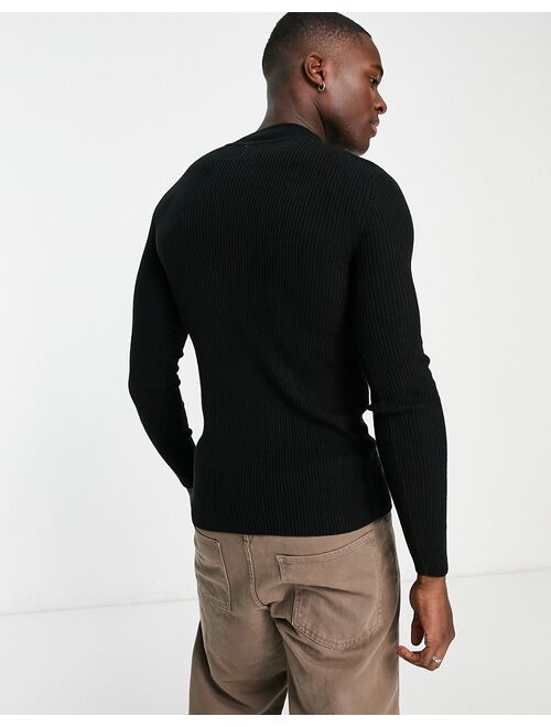 ASOS DESIGN muscle knit essential ribbed turtle neck sweater in black