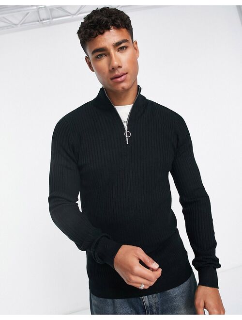 New Look muscle fit ribbed funnel neck sweater in black