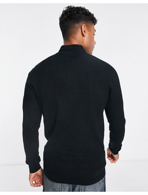 New Look muscle fit ribbed funnel neck sweater in black