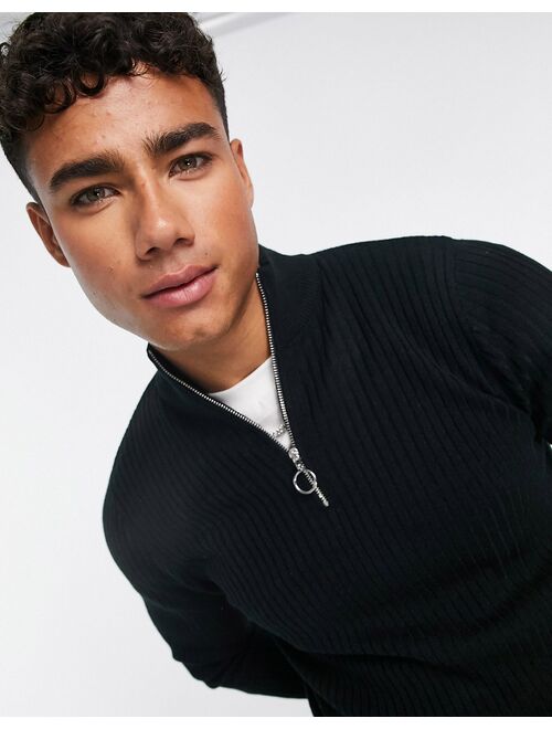 New Look muscle fit ribbed funnel neck sweater in black