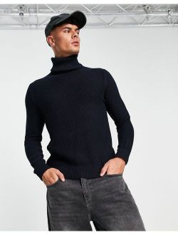 textured roll neck knitted sweater in navy