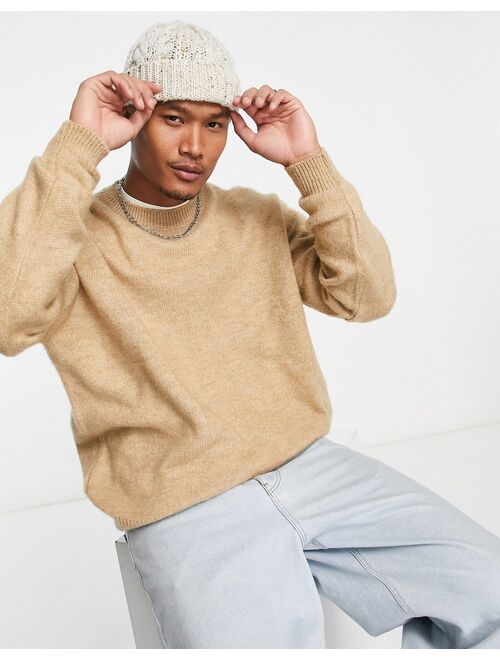 ASOS DESIGN fluffy knitted crew neck sweater in stone