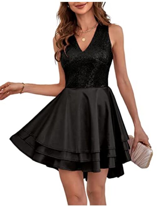 Lrady Women's Sequin Glitter V Neck Skater Mini Club Cocktail Party Swing Dress