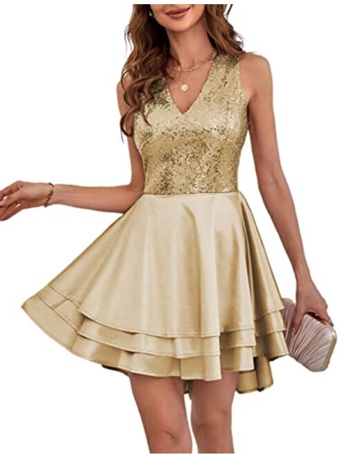 Lrady Women's Sequin Glitter V Neck Skater Mini Club Cocktail Party Swing Dress