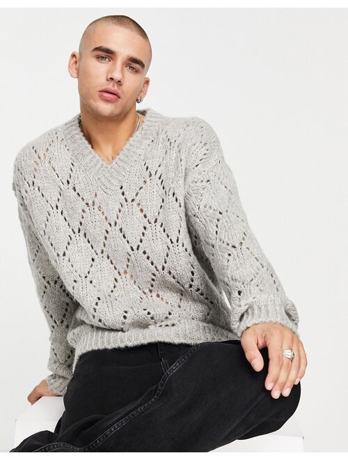 ASOS DESIGN knitted pointelle sweater with v-neck in gray