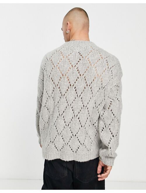 ASOS DESIGN knitted pointelle sweater with v-neck in gray