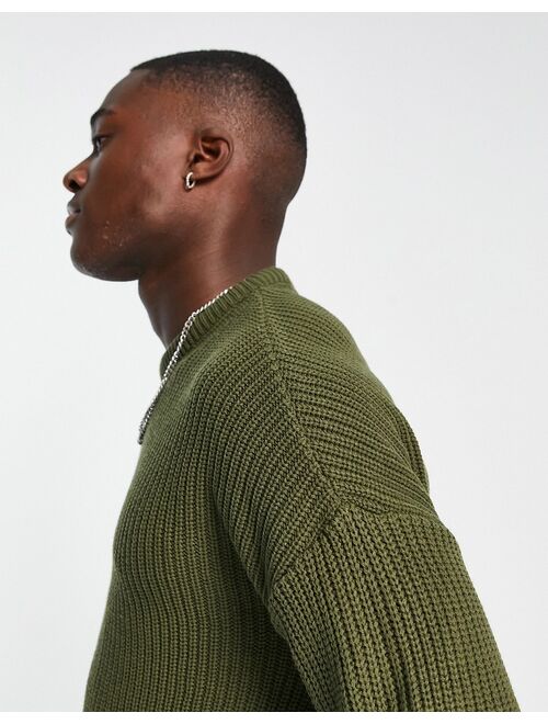 New Look relaxed fit knit fisherman sweater in dark khaki