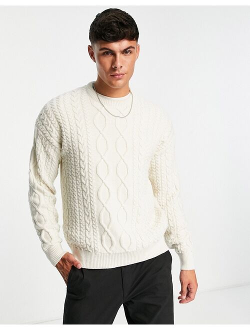 New Look relaxed fit cable crew neck sweater in off white