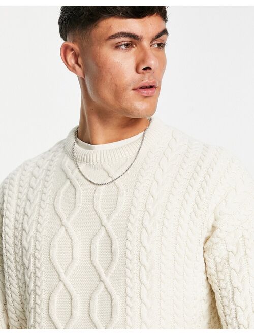 New Look relaxed fit cable crew neck sweater in off white