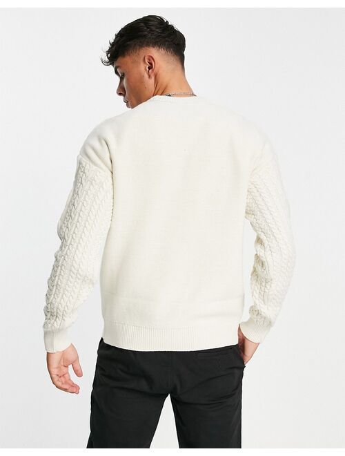 New Look relaxed fit cable crew neck sweater in off white