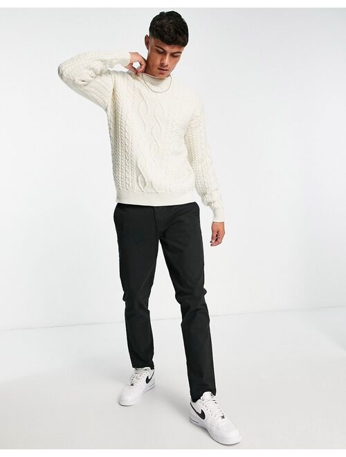 New Look relaxed fit cable crew neck sweater in off white