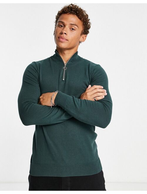 New Look slim fit zip funnel neck knit sweater in dark green