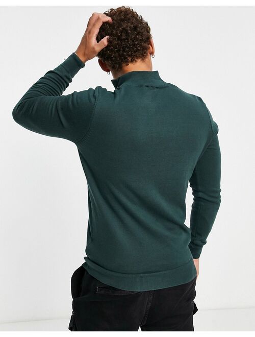 New Look slim fit zip funnel neck knit sweater in dark green