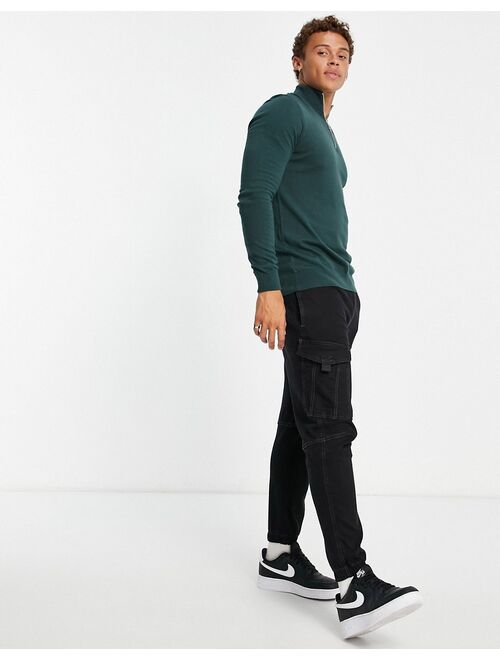 New Look slim fit zip funnel neck knit sweater in dark green