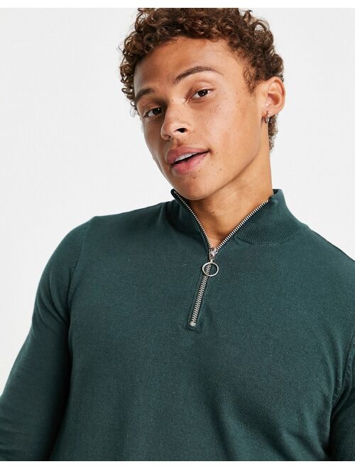 New Look slim fit zip funnel neck knit sweater in dark green