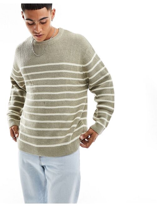 ASOS DESIGN oversized fisherman ribbed crew sweater in stone and white stripe