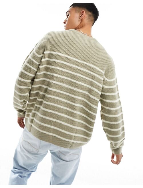 ASOS DESIGN oversized fisherman ribbed crew sweater in stone and white stripe