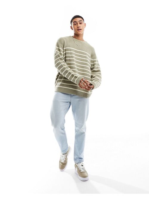 ASOS DESIGN oversized fisherman ribbed crew sweater in stone and white stripe