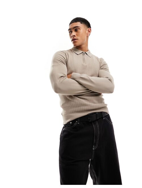 River Island muscle fit cable polo in stone