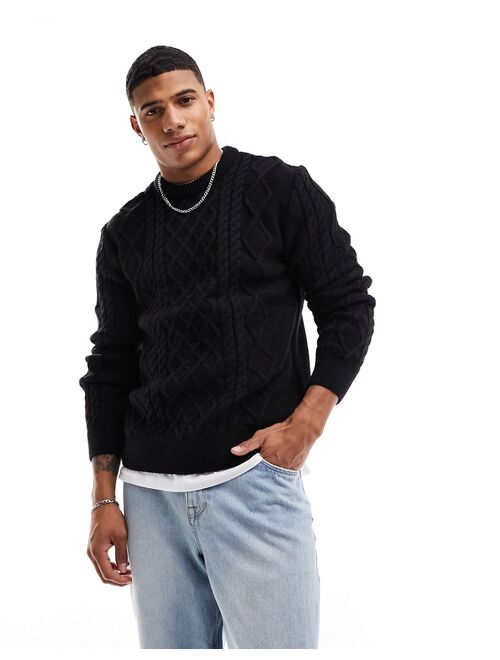 River Island cable crew sweater in black