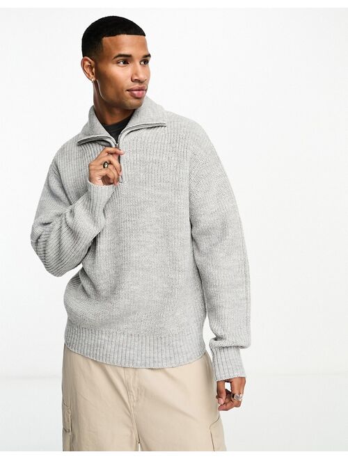 Bershka 1/4 zip knit sweater in gray