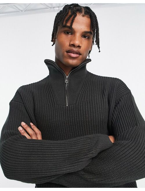 New Look 1/4 zip fisherman ribbed funnel neck sweater in dark gray