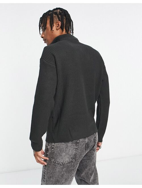 New Look 1/4 zip fisherman ribbed funnel neck sweater in dark gray