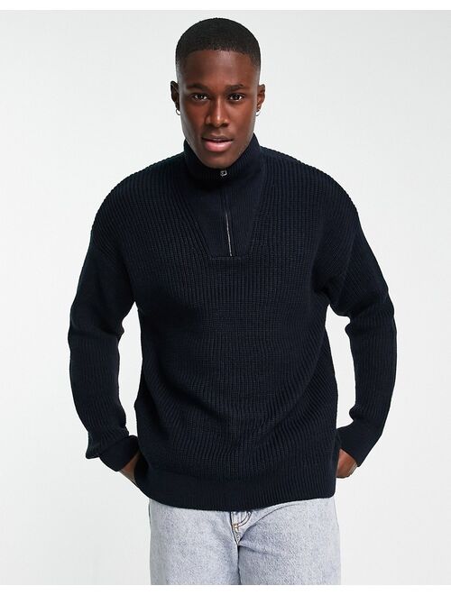 New Look fisherman ribbed 1/4 zip funnel neck sweater in navy