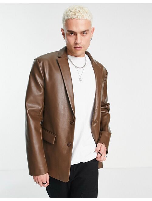 ASOS DESIGN faux leather blazer in brown