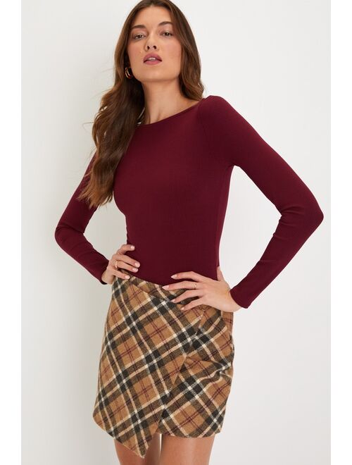 Lulus Academic Aspirations Tan Plaid Faux Wrap Mini Skirt