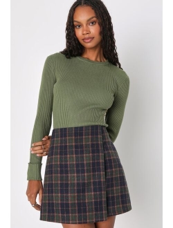 Mad for Plaid Brown and Blue Plaid Faux Wrap Mini Skirt