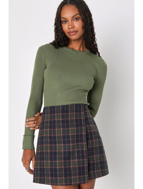 Lulus Mad for Plaid Brown and Blue Plaid Faux Wrap Mini Skirt