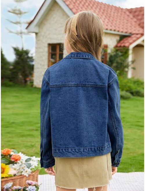 SHEIN Kids EVRYDAY Tween Girl Ripped Frayed Drop Shoulder Denim Jacket